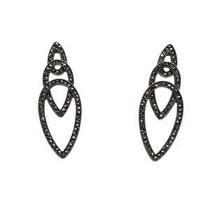 Black Crystal Drop Earrings With Silver Tone Finish Vintage 1990s